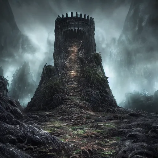 Image similar to full body pose, hyperrealistic photograph of the black keep of rotbog swamp, dim volumetric lighting, 8 k, octane beautifully detailed render, extremely hyper detailed, intricate, epic composition, cinematic lighting, masterpiece, trending on artstation, very very detailed, stunning, hdr, smooth, sharp focus, high resolution, award, winning photo, dslr, 5 0 mm