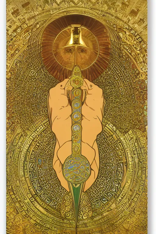 Image similar to thoth, egyptian god, gold jewelry, flower of life, sacred geometry, by Alphonse Mucha, rule of thirds, super detailed, 8k