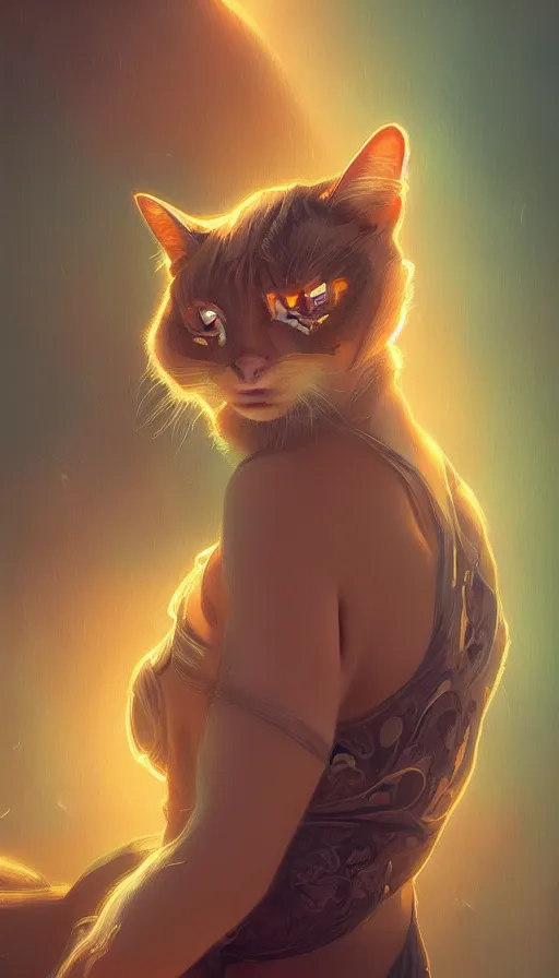 Image similar to cat, neon, fibonacci, sweat drops, insane, intricate, highly detailed, digital painting, artstation, concept art, smooth, sharp focus, illustration, Unreal Engine 5, 8K, art by artgerm and greg rutkowski and alphonse mucha