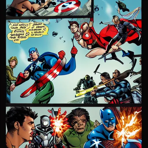 Prompt: The avengers having a epic battle with the justice League