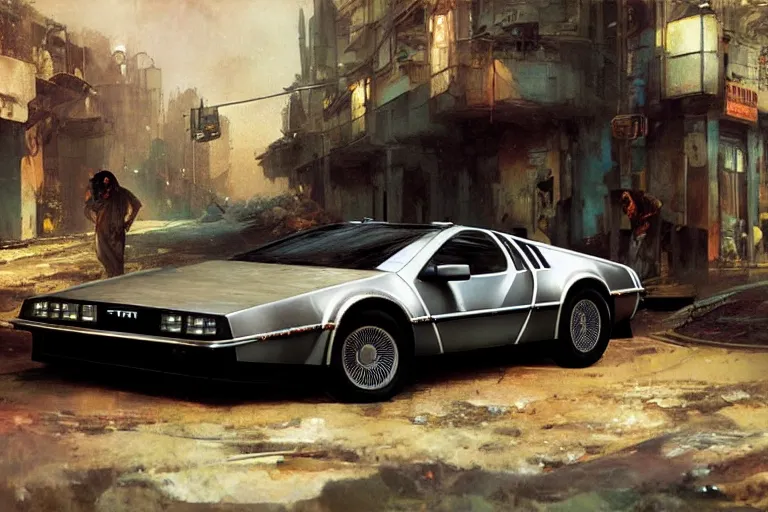 Image similar to photograph of the delorean, with a sleek spoiler, driving down the streets of a cyberpunk abandoned city, by greg rutkowski, by stanley artgerm, by alphonse mucha