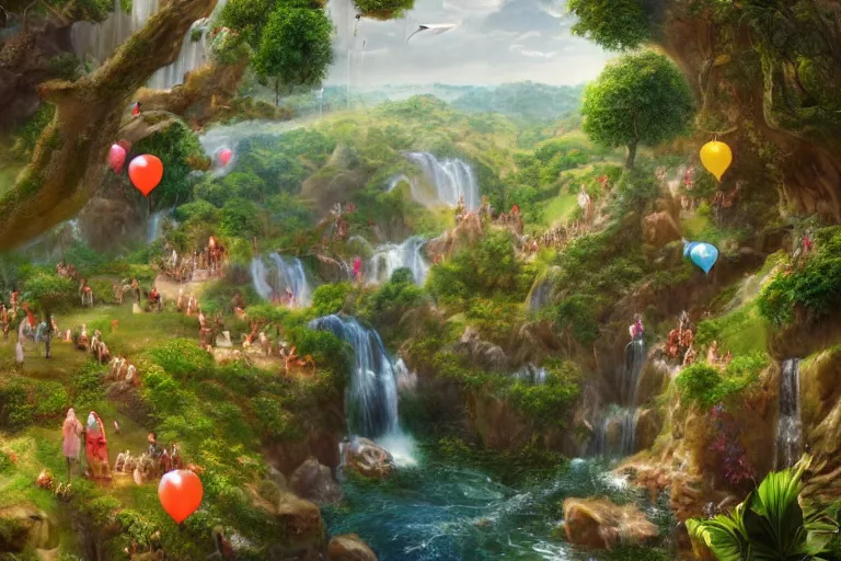 Prompt: illustration of the garden of Eden, river of wine, waterfall of milk, stream of honey, trees full of new fruits, beautiful home in the side, people flying using balloons, beautiful, digital art, matte painting, trending on artstation