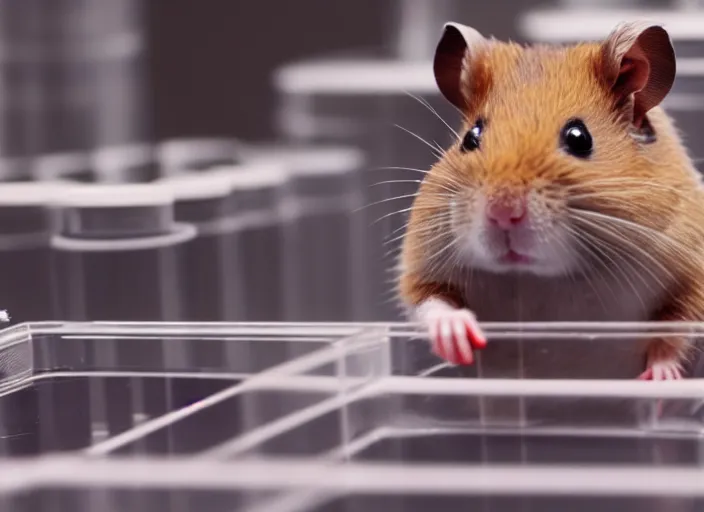 Image similar to film still of a hamster working in a research lab filling test tubes, 8 k