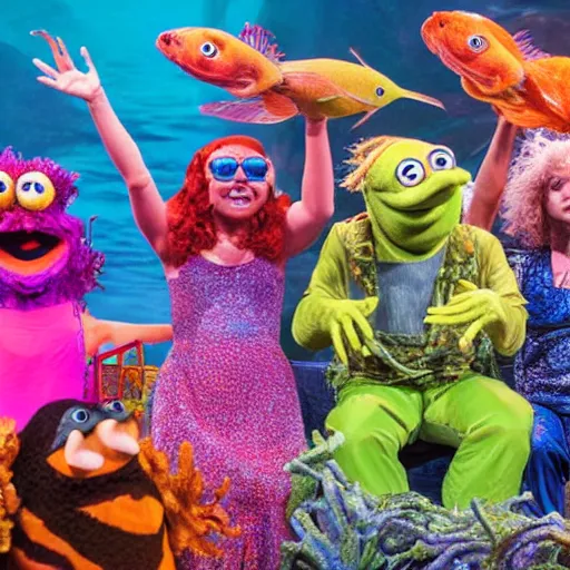 Image similar to a cast of aquatic puppets based on real fish and aiming to bring awareness to ocean and oil pollution, in the style of muppets, in an aquarium, lighting and character design from spongebob the musical on broadway, real, photograph, cinematic