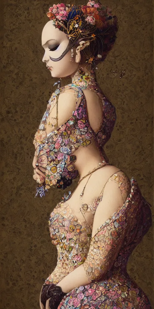 Prompt: “a painting of a female figure adorned with a dress created by calligraphic flourishes, ambient occlusion, ultra detailed, soft facial features, geometric array of shapes fading into the background, shallow depth of field, bokeh, subtle shadows, monochromatic color scheme, pops of color, pastel tones, hd”