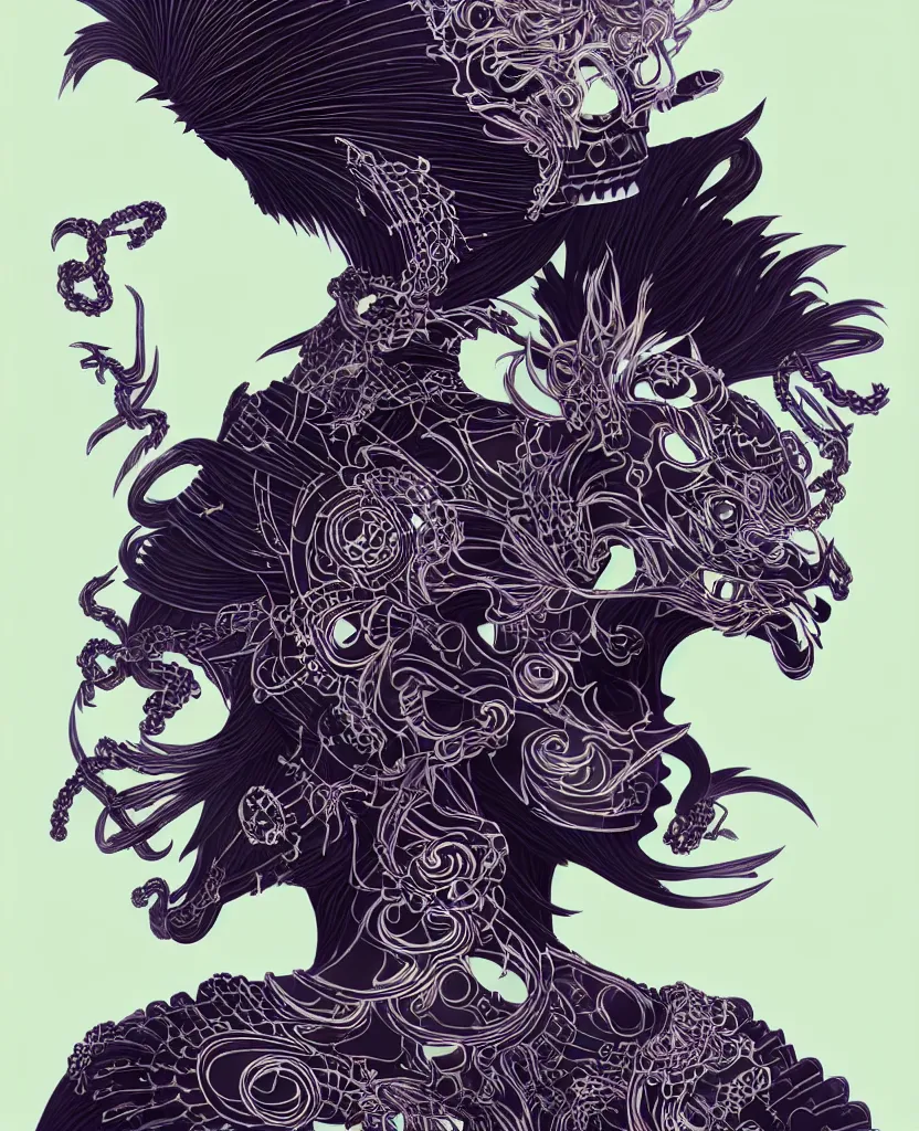 Image similar to 3 d goddess close - up profile portrait punk with mohawk with ram skull. beautiful intricately detailed japanese crow kitsune mask and clasical japanese kimono. betta fish, jellyfish phoenix, bio luminescent, plasma, ice, water, wind, creature, artwork by tooth wu and wlop and beeple and greg rutkowski