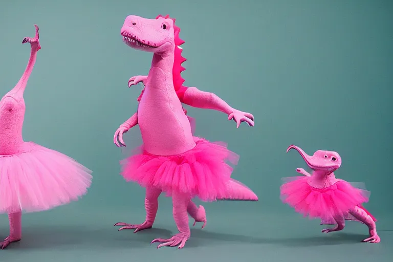 Image similar to dinosaur in a pink tutu, studio lighting, highly detailed, striking, inspiring