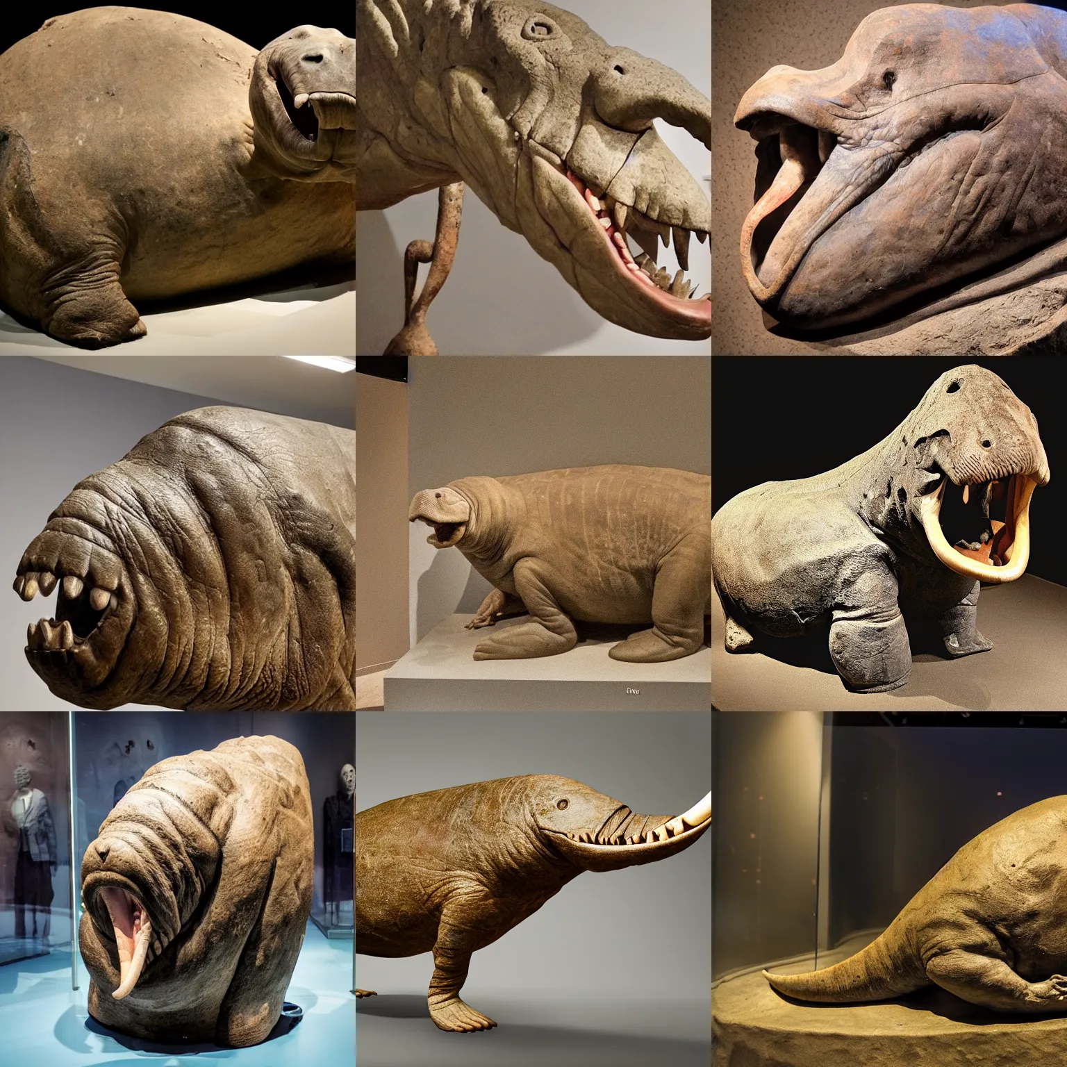 Prompt: ancient dinosaur specimen of a paleolithic walrus, on display in a fossil museum