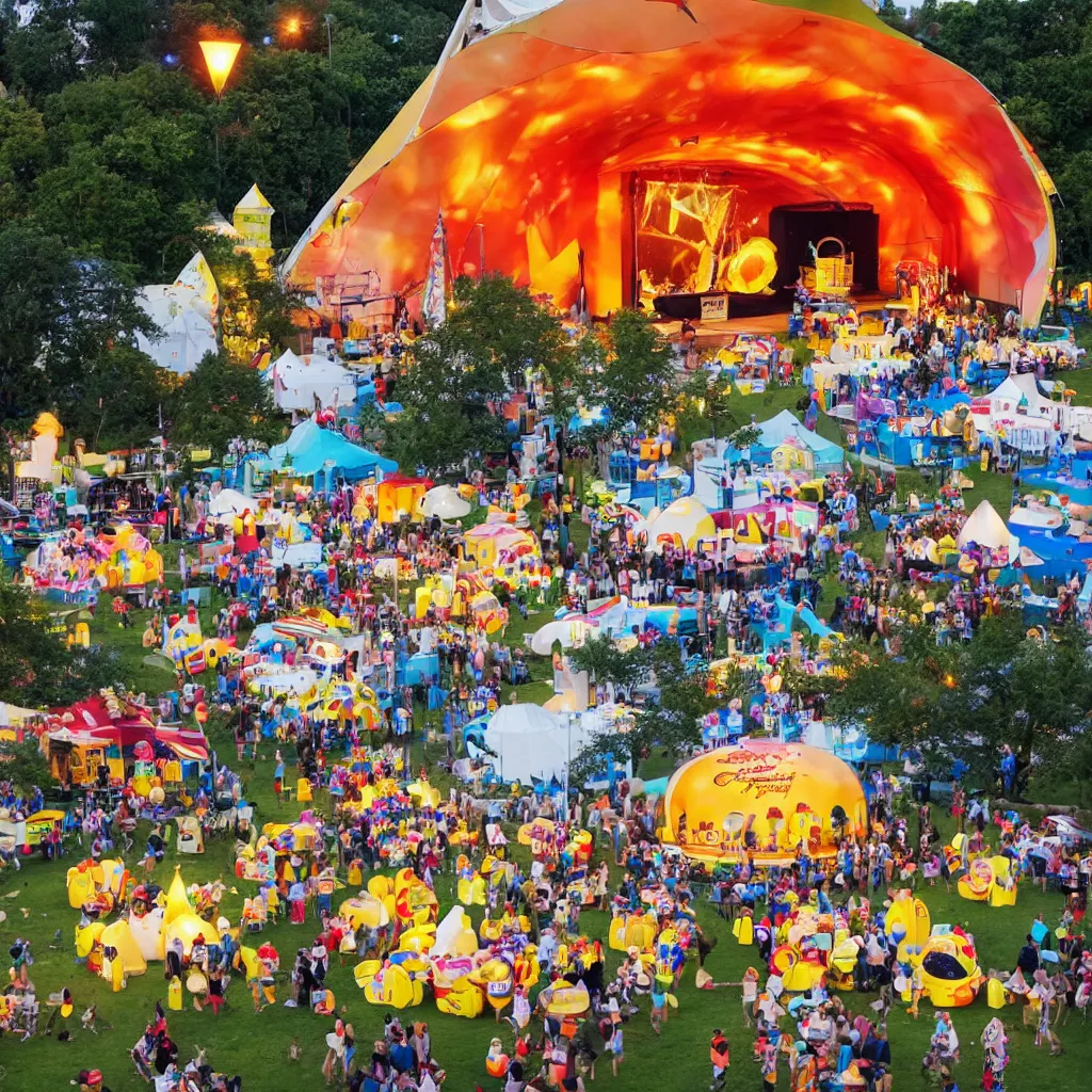 Image similar to festival theme camp called the poppin'kernels, with giant popcorn and movie projector outdoors at night, carnival lighting, outdoor cinema