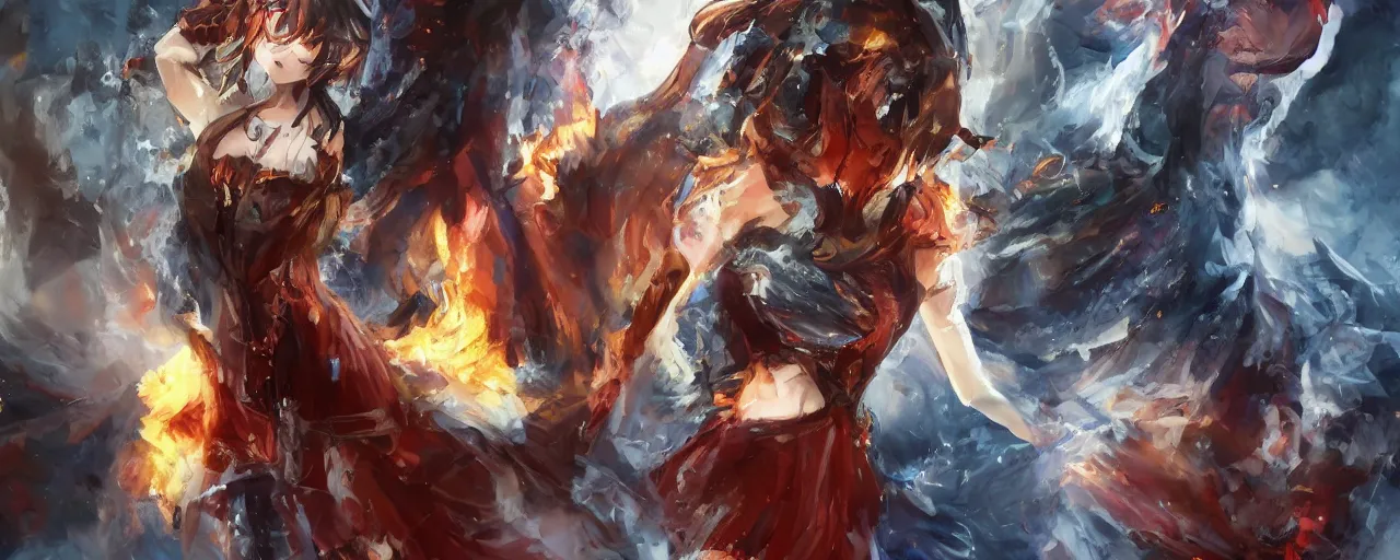 Image similar to advanced digital anime art, a very cute gorgeous teenage girl made of fire and ice with red fiery watery eyes glancing over her left shoulder wearing a dress made of water is walking through an apocalyptic burning city, dramatic cinematic lighting, highly intricately detailed, medium shot, mid-shot, trending on pixiv, Artstation, Sakimimichan