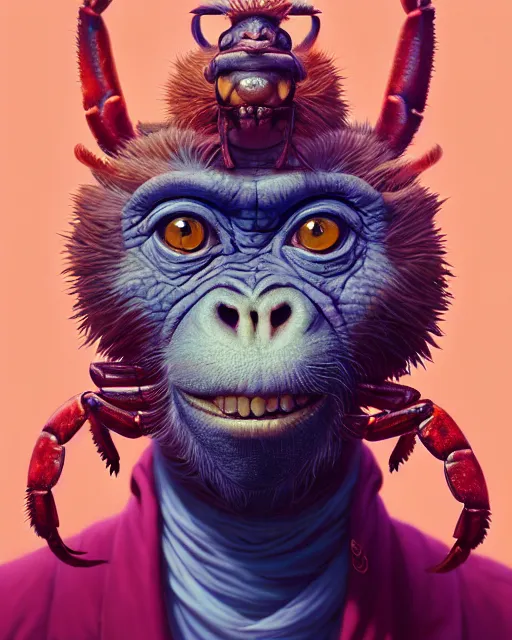 Image similar to highly detailed surreal vfx portrait of a lobsterpunk monkey, stephen bliss, unreal engine, greg rutkowski, loish, rhads, beeple, makoto shinkai and lois van baarle, ilya kuvshinov, rossdraws, tom bagshaw, alphonse mucha, global illumination, detailed and intricate environment