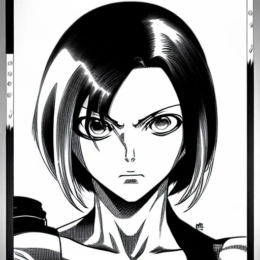 Image similar to alita by yukito kishiro. medium shot. black and white manga. pencil drawing. high detailed face