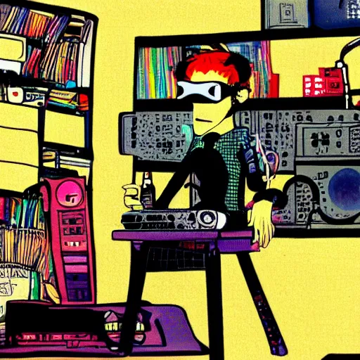 Image similar to goth computer nerd in a cluttered room wearing a vr headset, by jamie hewlett, anime,