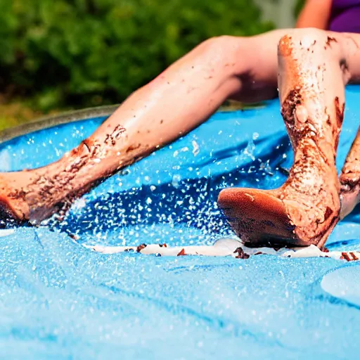 Image similar to adult sliding down chocolate pudding slip n slide legs first, professional photo taken at the park