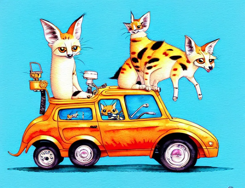 Image similar to cute and funny, serval riding in a tiny hot rod with oversized engine, ratfink style by ed roth, centered award winning watercolor pen illustration, isometric illustration by chihiro iwasaki, edited by range murata, tiny details by artgerm and watercolor girl, symmetrically isometrically centered