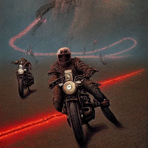 Image similar to motorbikers race in hell, by beksinski and tristan eaton, dark neon trimmed beautiful dystopian digital art