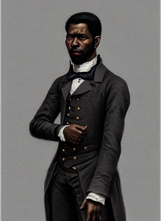 Image similar to 3 / 4 view of a portrait of a black man in victorian clothing, confident pose, intricate, elegant, sharp focus, illustration, highly detailed, concept art, matte, trending on artstation, anime, art by james jean and artgerm and brian despain and alberto mielgo, greg rutkowski, wlop, ilya kuvshinov, strong strokes