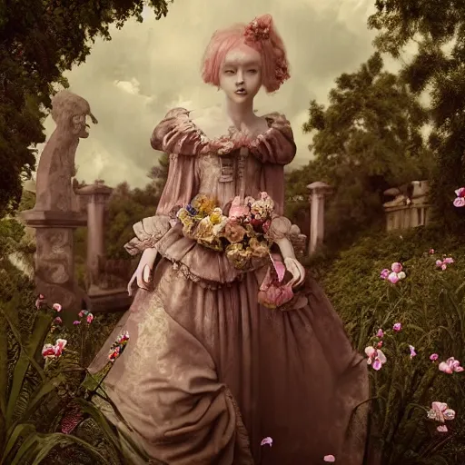 Prompt: 8k, octane render, realism, tonalism, renaissance, rococo, baroque, group of creepy young ladies wearing long tonal harajuku manga dress with flowers and skulls, background chaotic flowers