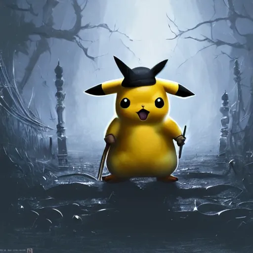 Image similar to Pikachu as a bloodborne boss digital art in the style of Greg Rutkowski and Craig Mullins, 4k