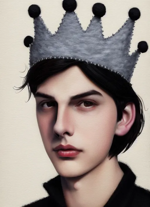 Prompt: portrait of teenage jughead jones wearing a light grey crown, photorealistic, single color crown made of fabric, crown made of felt, black hair, intricate, elegant, highly detailed, digital painting, glowing lights, artstation, concept art, smooth, sharp focus, illustration, art by wlop, mars ravelo and greg rutkowski