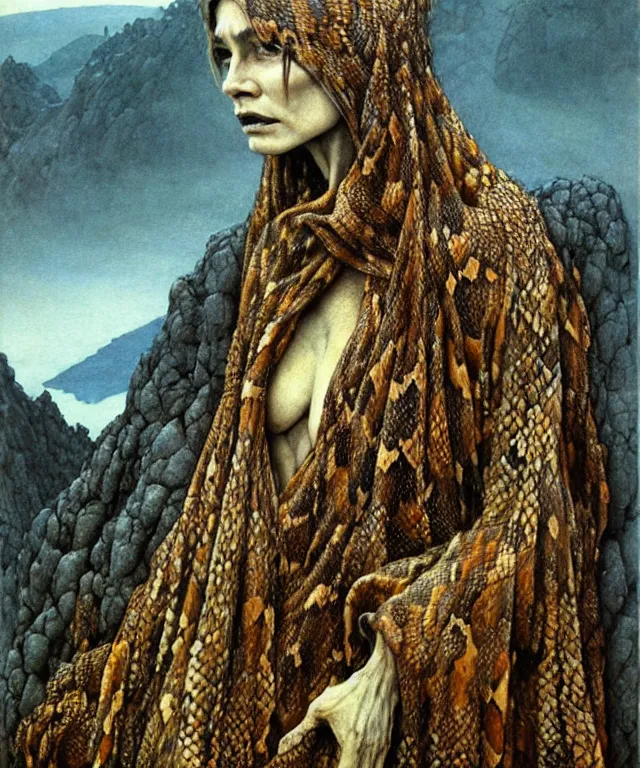 Image similar to A detailed snakewoman stands among the hills. Wearing a ripped mantle, robe. Perfect faces, extremely high details, realistic, fantasy art, solo, masterpiece, art by Zdzisław Beksiński, Arthur Rackham, Dariusz Zawadzki