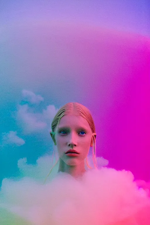 Image similar to high quality pastel coloured film close up wide angle photograph of a model wearing clothing swimming on cloud furniture in a icelandic black rock!! environment in a partially haze filled dreamstate world. three point light, rainbow. photographic production. art directed. pastel colours. volumetric clouds. pastel gradient overlay. waves glitch artefacts. extreme facial clarity. 8 k. filmic.