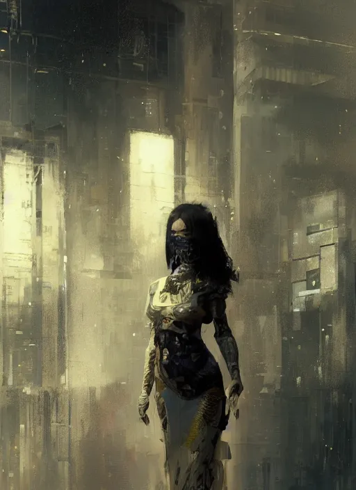 Image similar to cyberpunk geisha, rule of thirds, intricate outfit, spotlight, by greg rutkowski, by jeremy mann, digital painting