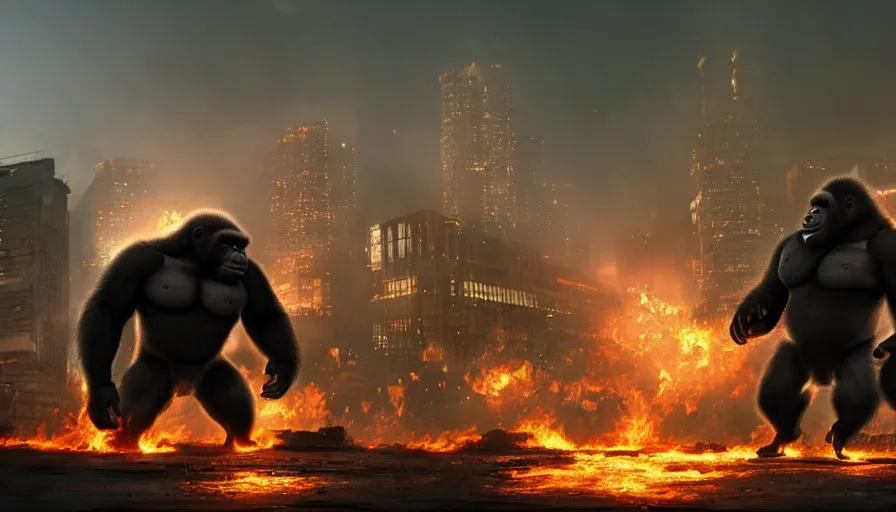 Prompt: concept art of hard combat of two huge gorilla in burning tokyo city, cinematic composition, golden lighting, action scene, strong perspective