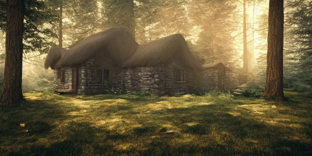 Image similar to a cottage in the woods and empty woods, 8k, fantasy, hyper realistic, dramatic lighting, cinematic