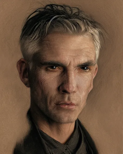 Image similar to portrait of 4 0 - year - old man with white hair with a pale complexion, pointed face and grey eyes, clear smooth face, no beard, wearing all black clothes, haughty facial expression, hyper realistic face, beautiful eyes, close up, fantasy art, in the style of greg rutkowski, intricate, alphonse mucha, hyper detailed, smooth