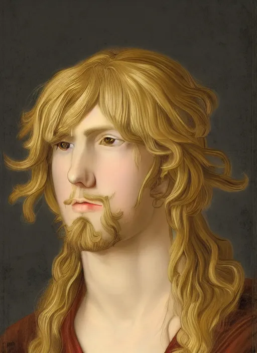 Prompt: portrait of a blond handsome man with long hair in baroque art, anime inspired, High Res 8K,hyperdetailed