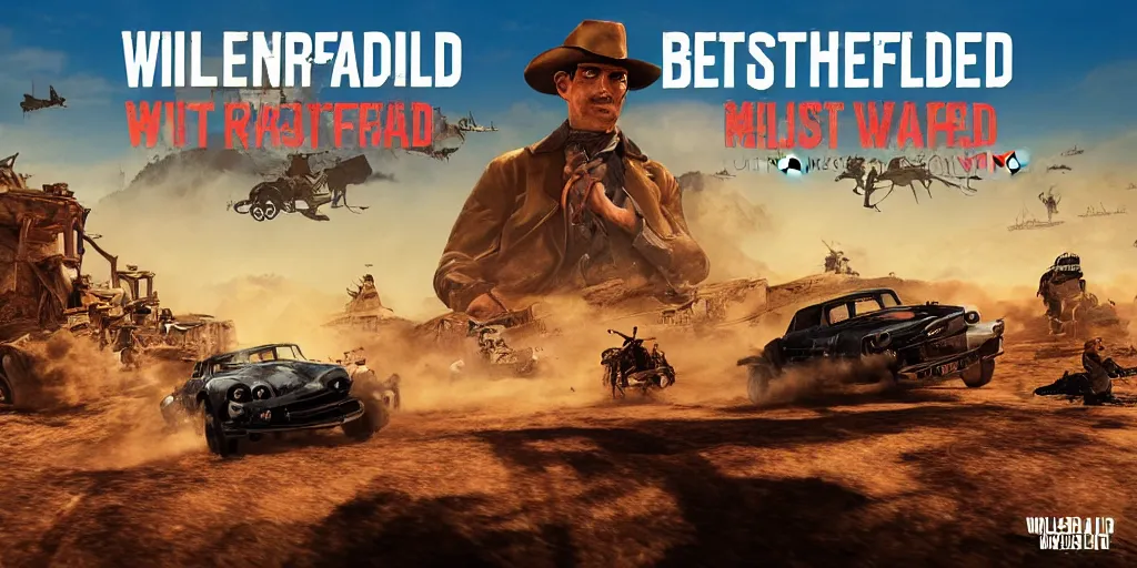Prompt: battlefield : most wanted, wild west racing videogame cover