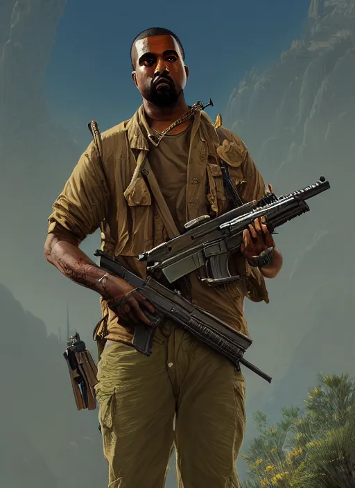 Image similar to highly detailed portrait kanye holding rifle in gta v stephen bliss unreal engine fantasy art by greg rutkowski loish rhads ferdinand knab makoto shinkai lois van baarle ilya kuvshinov rossdraws tom bagshaw global illumination radiant light detailed intricate environment