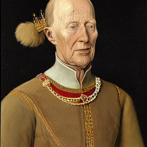 Prompt: portrait of king Harald V of Norway, wearing 15th century clothes drawn by da Vinci