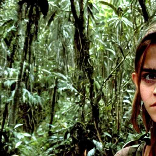 Prompt: film still, close up, portrait, emma watson soldier hiking through dense vietnam jungle, kodak ektachrome 1 9 7 3,