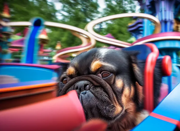 Image similar to film still of a dog riding a roller coaster in disneyland paris, 8 k