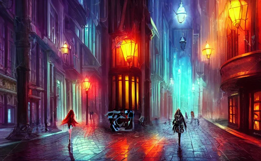 Image similar to A gothic girl is walking through a futuristic city street at night, it is rainig. Fantasy and concept art, colorful digital painting.