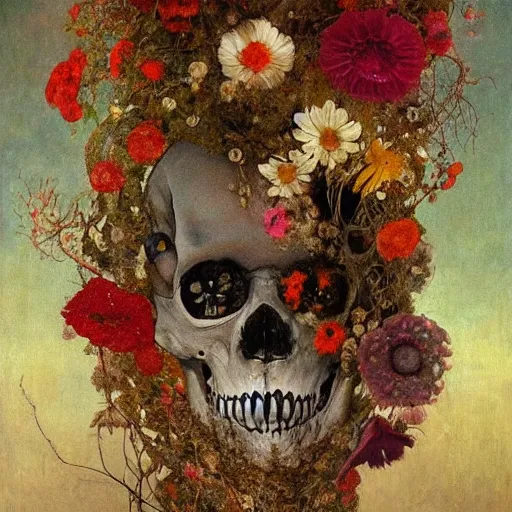 Image similar to 'Life from death' A beautiful detailed aesthetic horror portrait painting depicting 'A skeleton with vines and flowers growing all over it, birds and bees flying all around it' by Odilon Redon and giuseppe arcimboldo, Trending on cgsociety artstation, 8k, masterpiece, cinematic lighting.