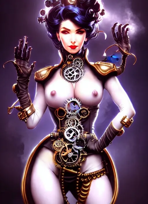 Image similar to front portrait hands behinds pose of attractive Lady Mechanika with wavy hair using white gloves, hands behind her pose!, Intricate steampunk imagery , D&D!, fantasy style, sharp focus!, ultra detailed, art by Artgerm and Peter Andrew Jones, WLUP