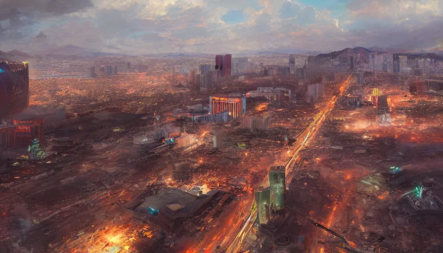 Prompt: Digital painting of destroyed Las Vegas, wide angle, volumetric light, hyperdetailed, artstation, cgsociety, 8k