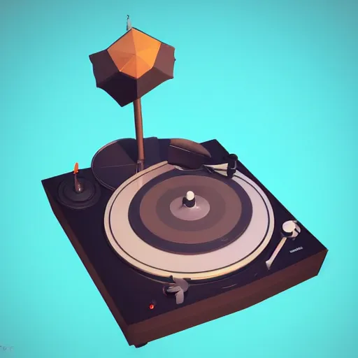 Prompt: a funny turntable with a needle on top of kiwi, a low poly render by blender guru, featured on polycount, computer art, sketchfab, rendered in maya, voxel art