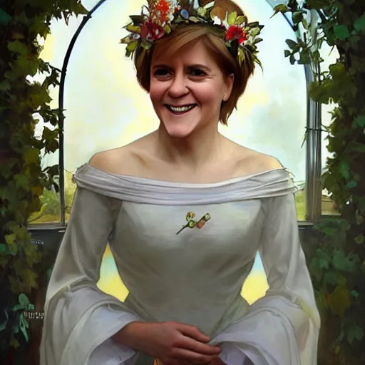 Prompt: nicola sturgeon, happy, with a flower crown. beautiful painting by artgerm and greg rutkowski and alphonse mucha