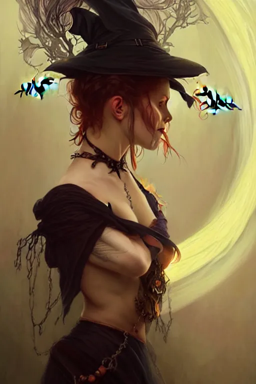 Prompt: halloween witch woman, fantasy magic, undercut hairstyle, intricate, elegant, sharp focus, illustration, highly detailed, digital painting, concept art, matte, art by wlop and artgerm and greg rutkowski and alphonse mucha, masterpiece