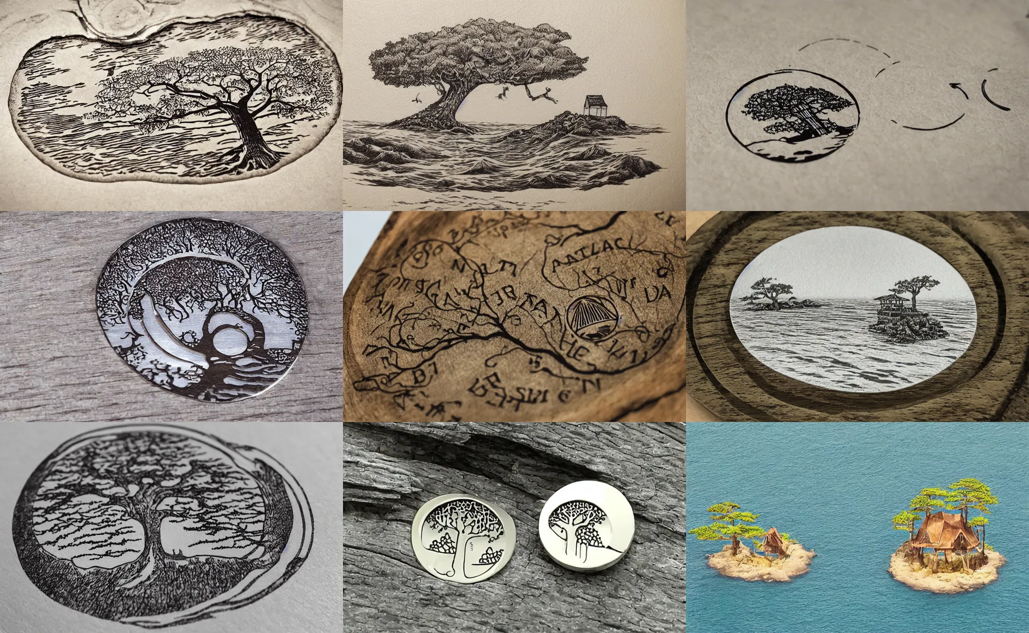 Prompt: ring engraving of a mystical island treehouse on the ocean