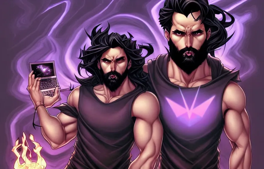 Image similar to a chad with wavy black hair and a beard. muscular. godlike. tank top. using a computer, comic cover art, artgerm, joshua middleton, pretty stella maeve witch doing black magic, serious look, purple dress, symmetrical eyes, symmetrical face, long black hair, full body, twisted evil dark forest in the background, cool colors