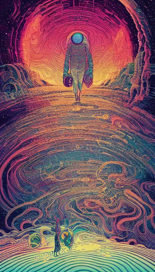 Image similar to the psychedelic journey of the cosmic time travellers travelling through cosmic cloudscapes, futurism, dan mumford, victo ngai, kilian eng, da vinci, josan gonzalez