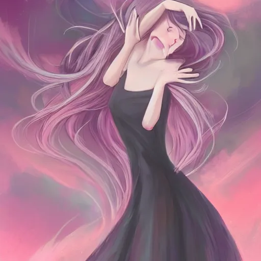 Image similar to dynamic poses, anime face, joyful, epic, flowing dress, smooth, enigmatic, woman, pink and grey clouds, glowing flowing hair, by lois van baarle, by loish, sharp, trending on artstatio, 4 k