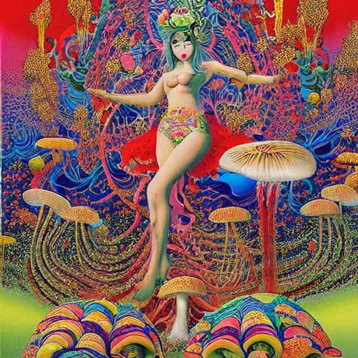 Prompt: a japanese psychedelic love goddess, a sense of awe, offering mushrooms, illustration, slime, amanita - muscaria, insanely detailed and intricate, hypermaximalist, elegant, ornate, hyper realistic, super detailed, by tadanori yokoo