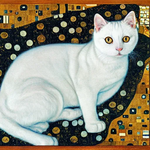 Image similar to portrait of a white cat with a black spot on head and blue eyes, intricate, elegant, highly detailed, smooth, sharp focus, illustration, art by gustav klimt