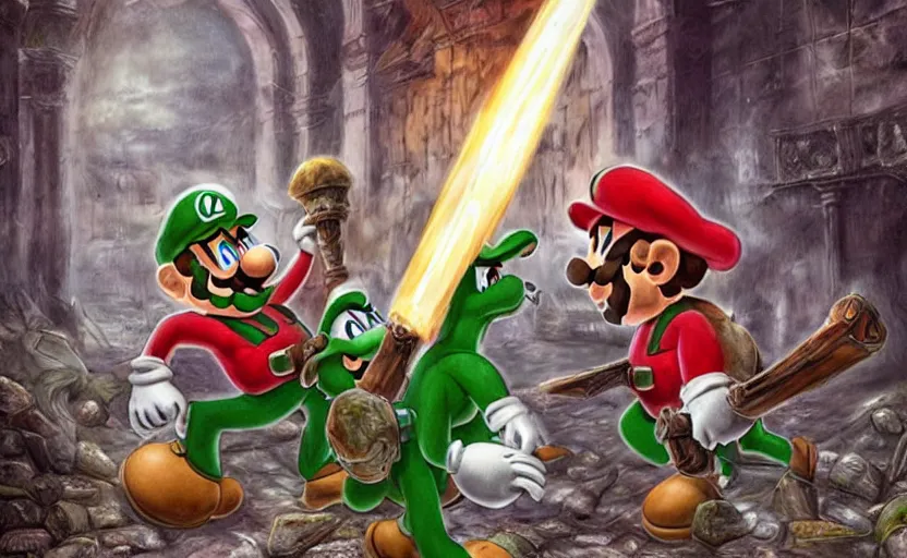 Image similar to mario and luigi as dark souls bosses, eldritch art, gothic medieval boss, epic battle, dual fight, cinematic art, character portrait, boss encounter, dangerous, fallen mushroom kingdom, castle ruins and demented goombas